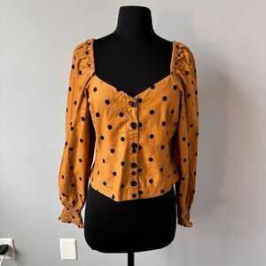 Madewell Corduroy Polka Dot Puff Sleeve Button-Up Top in Caramel Size‎ 6